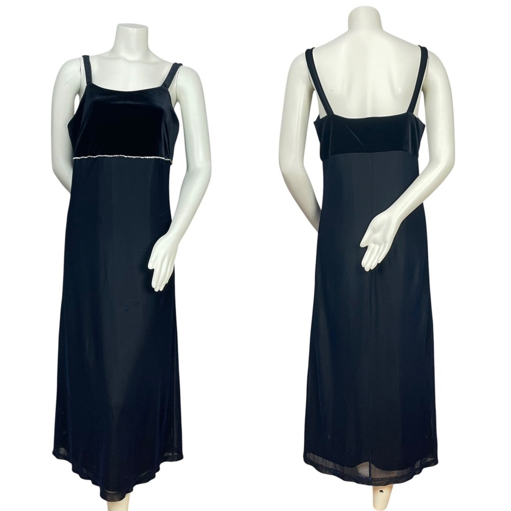 Vintage 90s Prom Dress Velvet FLAWS Empire Waist Sparkly Mesh Evening Blue Black